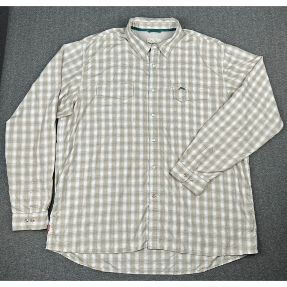 Simms Fishing Shirt Mens XXL Tan Plaid Long Sleeve Trout Pearl Snap Ventilated